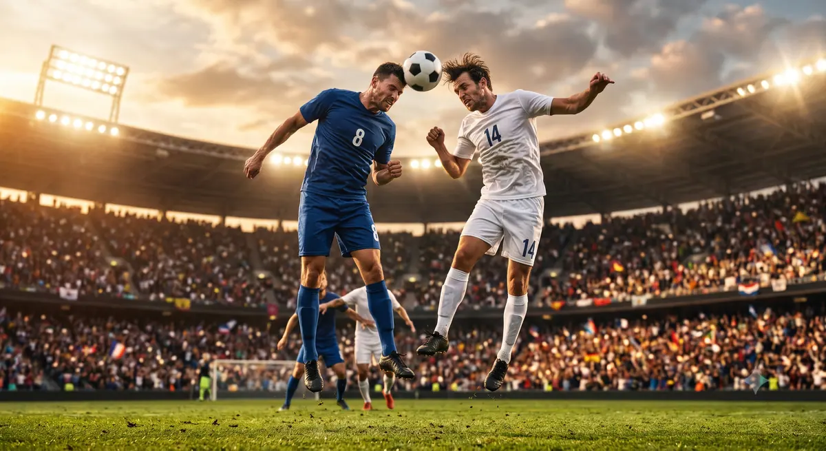 Dua pemain berebut bola di udara dalam sebuah duel udara