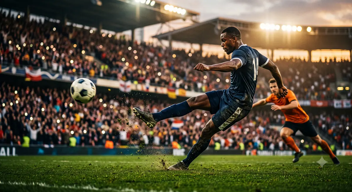 Seorang bek melakukan clearance menyapu bola dari kotak penalti