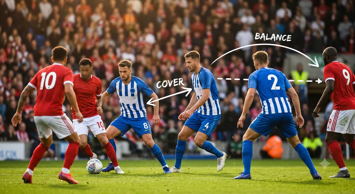 Ilustrasi struktur cover dan balance dalam pertahanan sepak bola