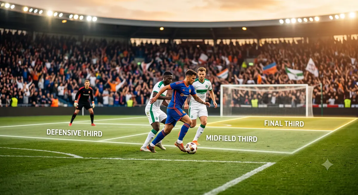 Ilustrasi pembagian lapangan menjadi tiga zona dengan final third di dekat gawang lawan