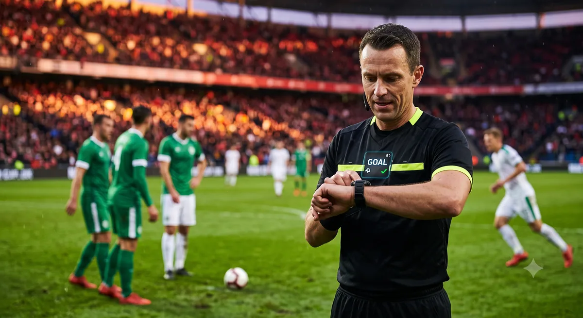 Jam tangan wasit menampilkan sinyal gol dari teknologi garis gawang