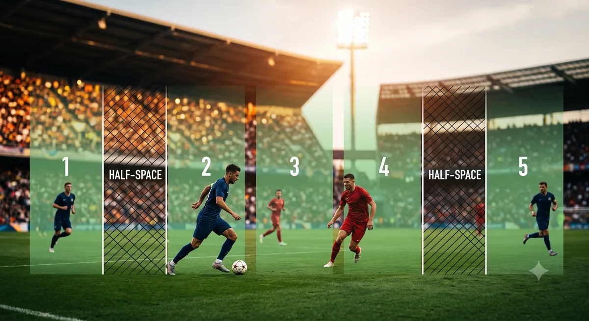 Ilustrasi pembagian lima kanal vertikal dan posisi half-space di lapangan sepak bola