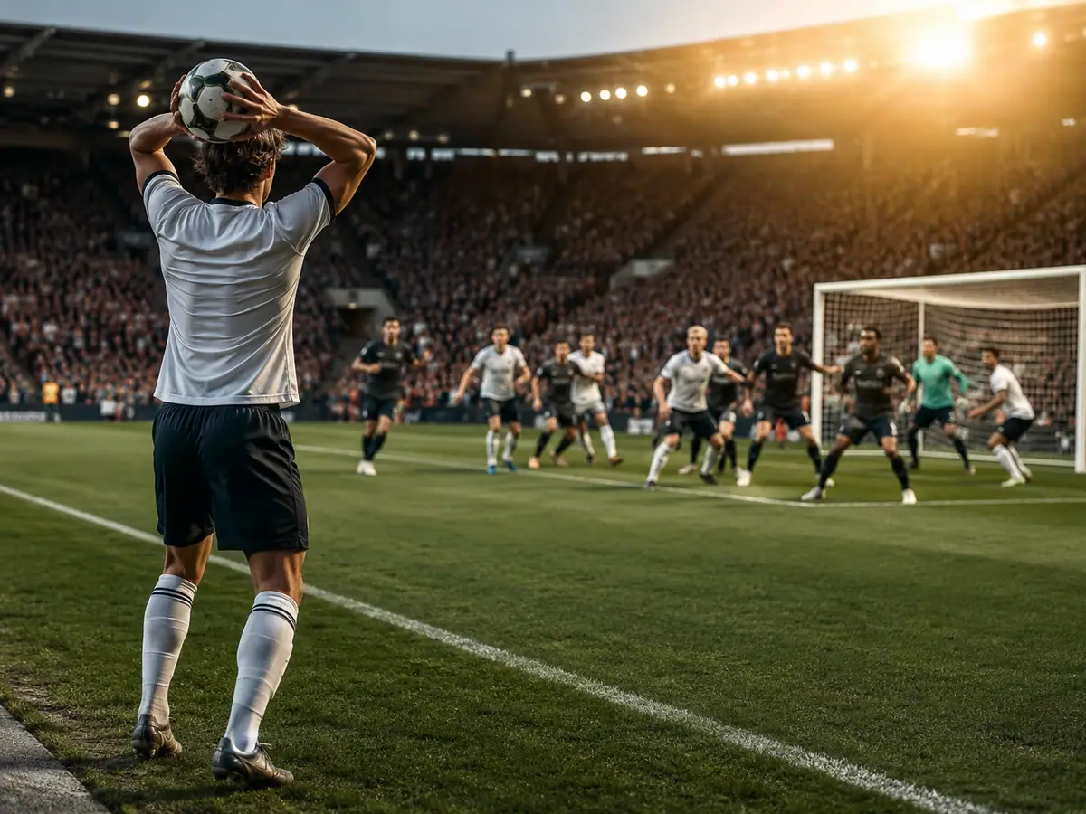 Pelempar spesialis long throw bersiap melempar bola jauh ke kotak penalti