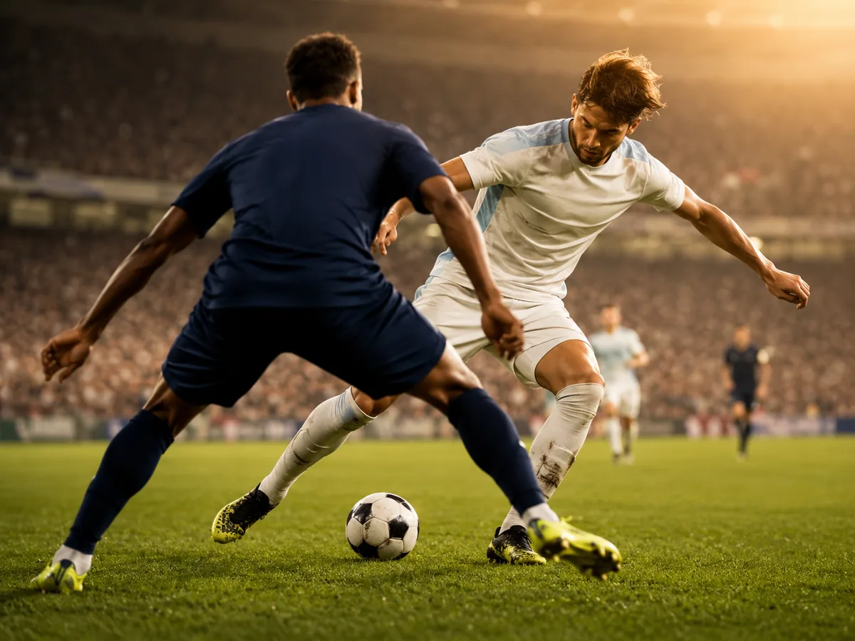 Ilustrasi pemain melakukan nutmeg atau mengolong bola di antara kaki lawan