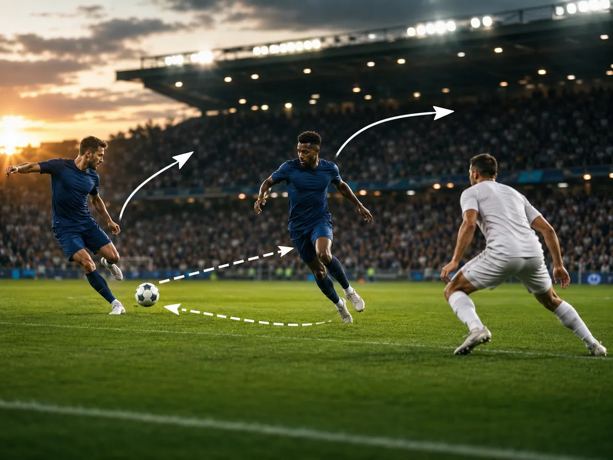 Diagram pergerakan one-two atau wall pass dalam sepak bola