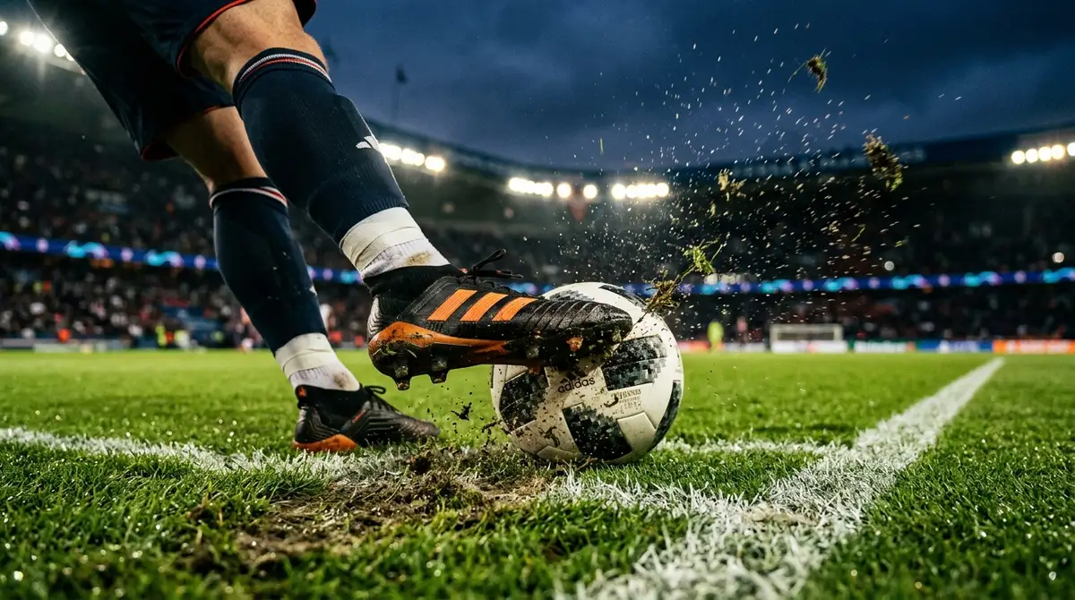 Sepatu pemain menendang bola di titik penalti