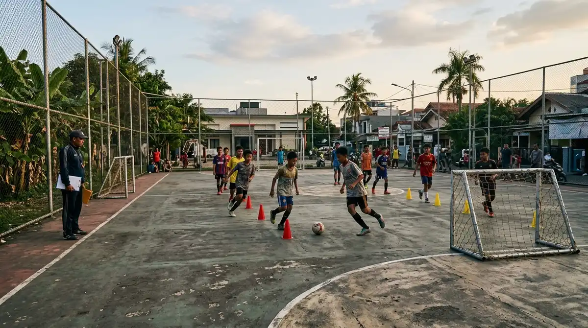 Anak-anak berlatih futsal di lapangan komunitas Indonesia