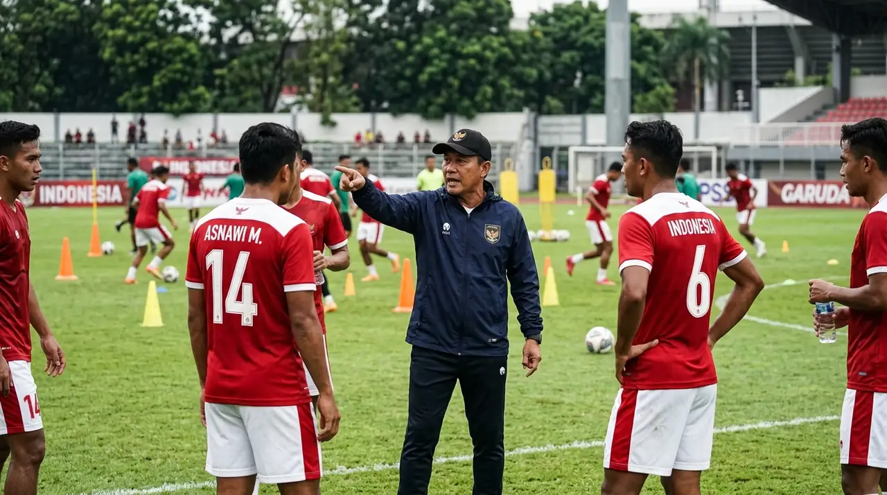 Pelatih Timnas Indonesia mengarahkan pemain saat latihan