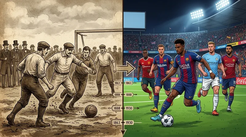 Ilustrasi sejarah perkembangan aturan sepak bola dari tahun 1863 hingga era modern dengan VAR
