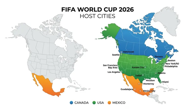 Peta 16 kota venue Piala Dunia 2026 di Amerika Serikat, Kanada, dan Meksiko