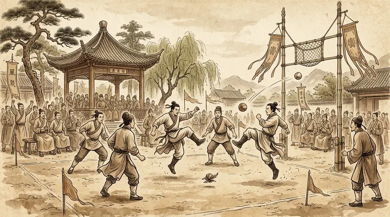 Ilustrasi permainan Cuju di China kuno yang menjadi cikal bakal sepak bola modern