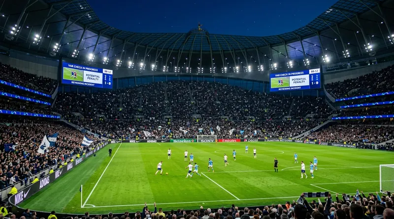 Stadion sepak bola modern dengan teknologi VAR dan lampu sorot yang menggambarkan era sepak bola kontemporer