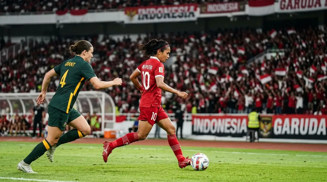Pemain Timnas Putri Indonesia menggiring bola saat pertandingan internasional