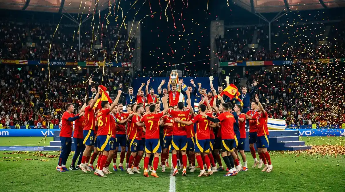 Para pemain timnas Spanyol merayakan gelar juara dengan trofi