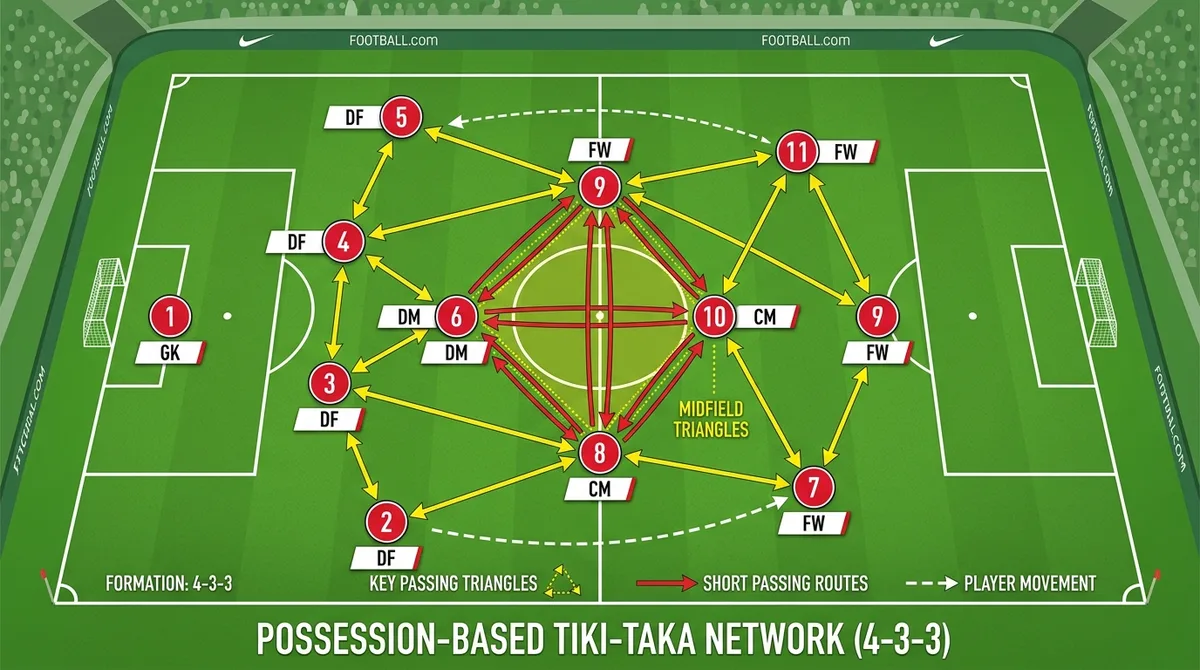 Diagram taktik tiki-taka formasi 4-3-3 timnas Spanyol