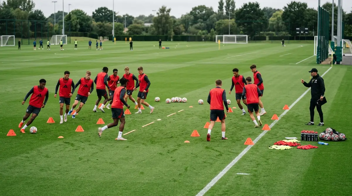 Sesi latihan tim sepak bola dengan rompi merah